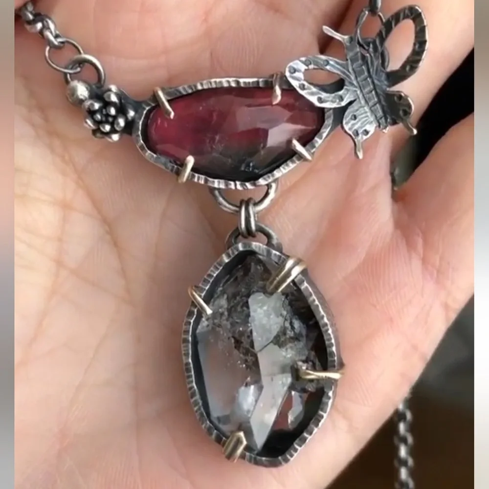 Sterling Silver and Tourmaline Pendant with Herkimer Diamond Necklace - Picture 8 of 14